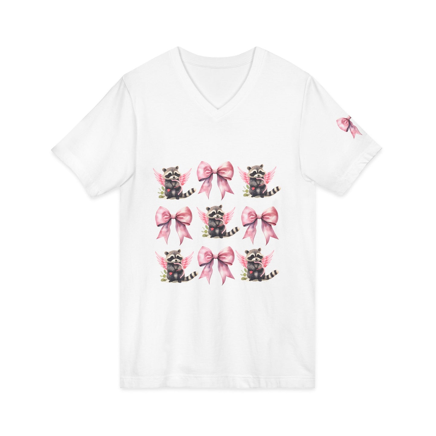 Spicy Raccoon V-Neck Tee with Pink Bows