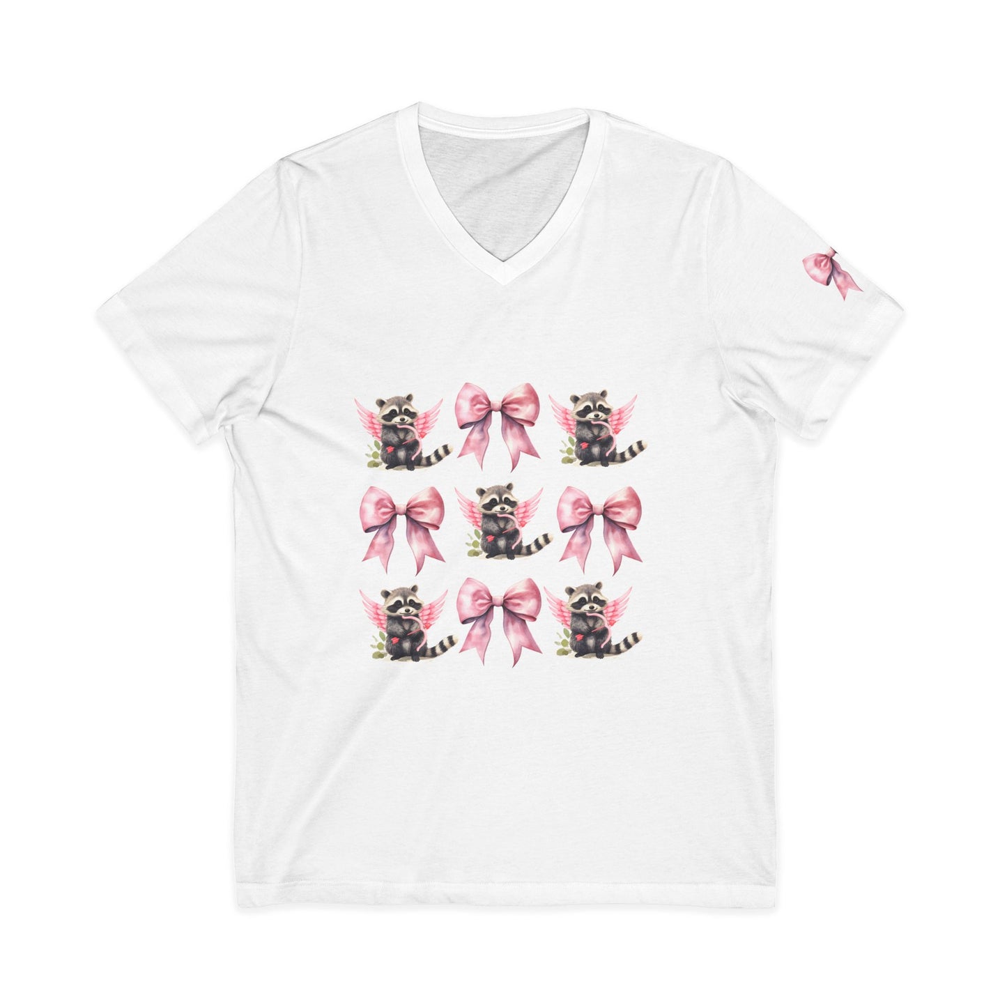 Spicy Raccoon V-Neck Tee with Pink Bows
